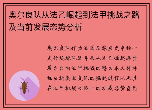 奥尔良队从法乙崛起到法甲挑战之路及当前发展态势分析