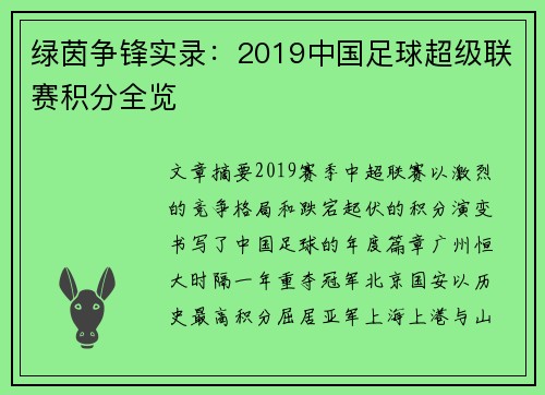 绿茵争锋实录：2019中国足球超级联赛积分全览