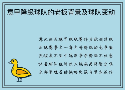 意甲降级球队的老板背景及球队变动