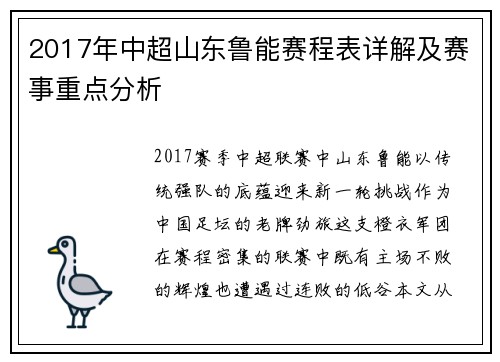 2017年中超山东鲁能赛程表详解及赛事重点分析